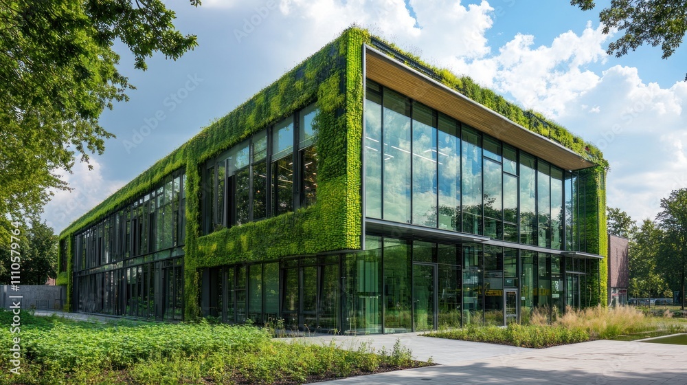 Modern green building with glass facade and living wall. Modern green building with glass facade and living wall.