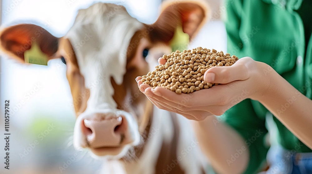 Obraz premium Dairy farming system concept. A person feeds grains to a cow, showcasing farm life and animal care.