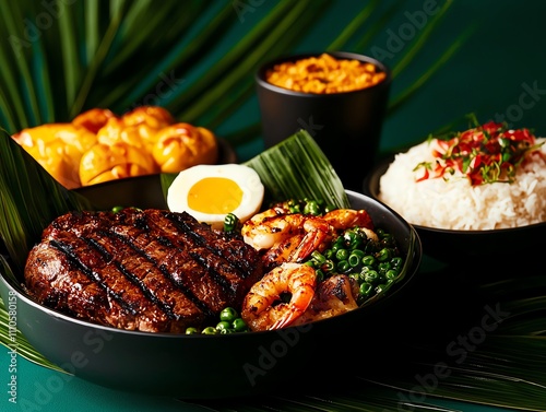 Rustic setting of a Filipino boodle fight feast, colorful array of grilled meat, seafood, and rice on banana leaves