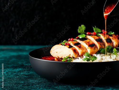 Singaporean Hainanese chicken rice, tender chicken with fragrant rice, garnished with coriander and chili sauce photo