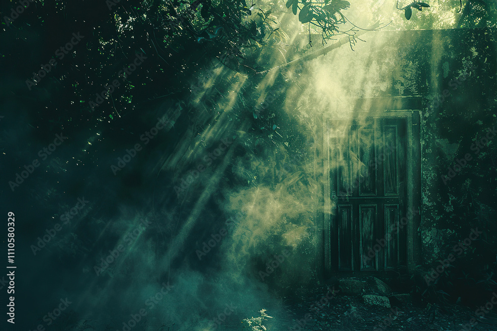 Fantastically door in wild forest leading to deep unknown Fantastically door in wild forest leading to deep unknown