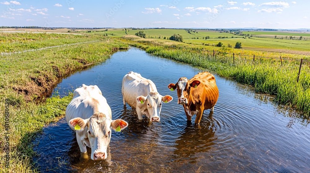 Dairy farming system concept. Three cows wade through a serene water body in a lush green landscape under a clear blue sky. Dairy farming system concept. Three cows wade through a serene water body in a lush green landscape under a clear blue sky.