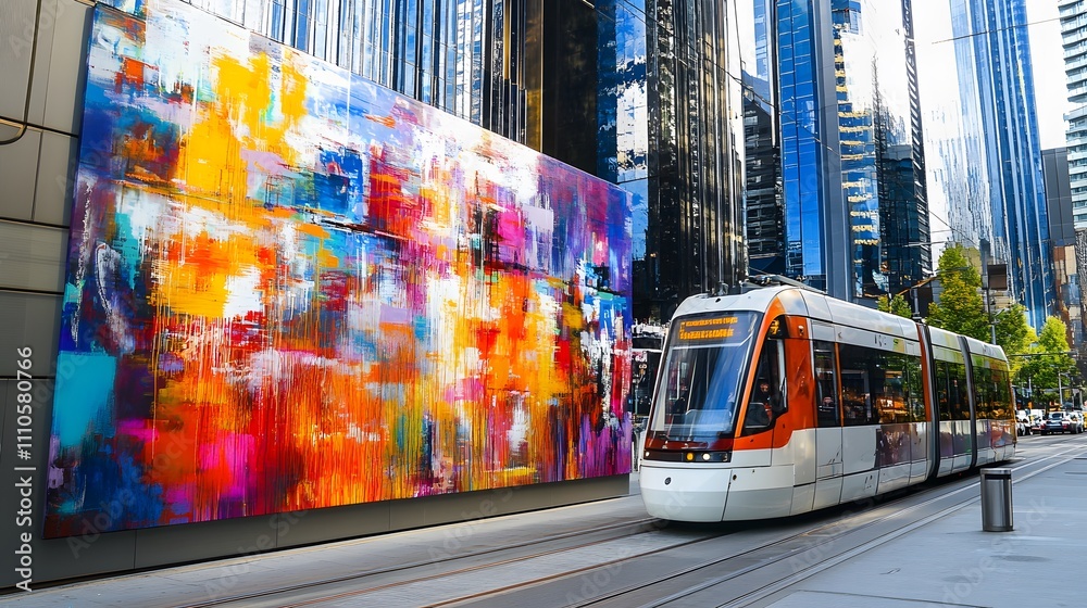 Obraz premium A sleek tram gliding past modern skyscrapers and vibrant street art