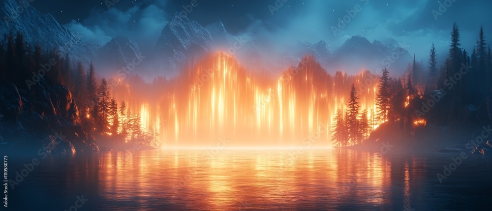Naklejka premium Glowing ethereal landscape with soft dynamic lighting that creates a mesmerizing reflection in the serene lake surrounded by majestic mountains and a mystical forest backdrop