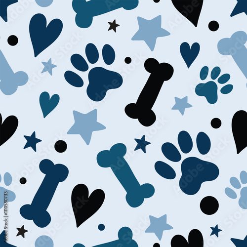 Dog paw  silhouette with bones and  heart seamless pattern. Good for textile paper print, card, poster, another design. 