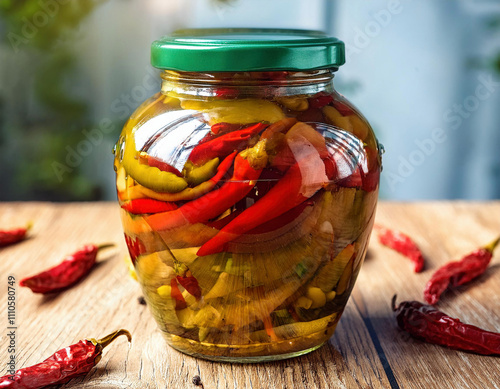 Pickled Chili Peppers  in glass jar– Various types of chili peppers preserved in vinegar photo