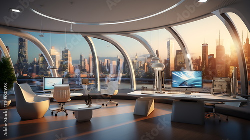 Futuristic interior Office and beautiful scene cityscape view, generative ai