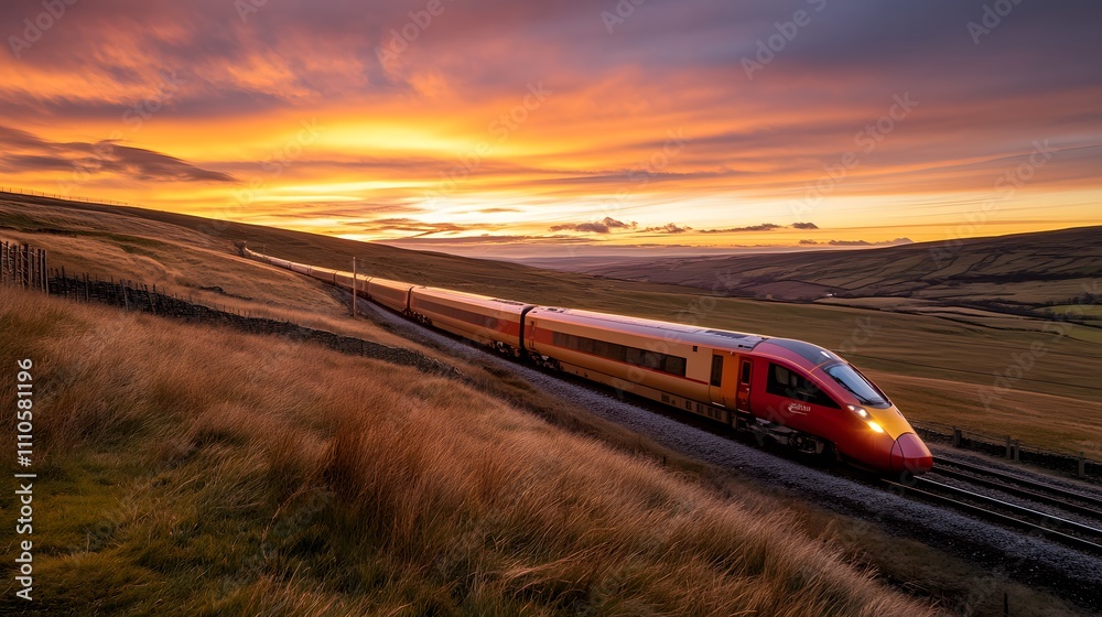 Fototapeta premium A high-speed train streaking through a rural landscape under dramatic sunset skies