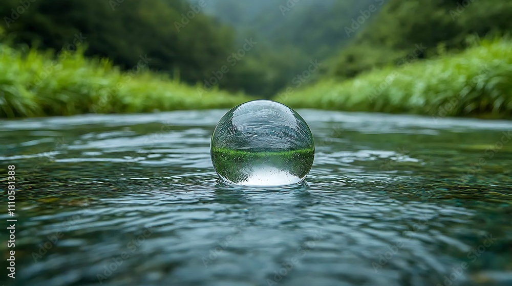 Glass Orb Floating on Calm River in Green Forest Glass Orb Floating on Calm River in Green Forest