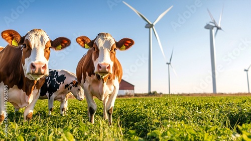 Dairy farming system concept. Cows graze in a vibrant green field with wind turbines in the background under a clear blue sky.