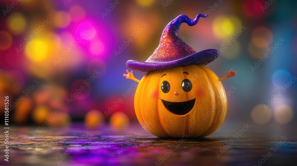 Naklejka premium A cheerful cartoon pumpkin wearing a witch's hat smiles against a colorful bokeh background. Perfect for Halloween!