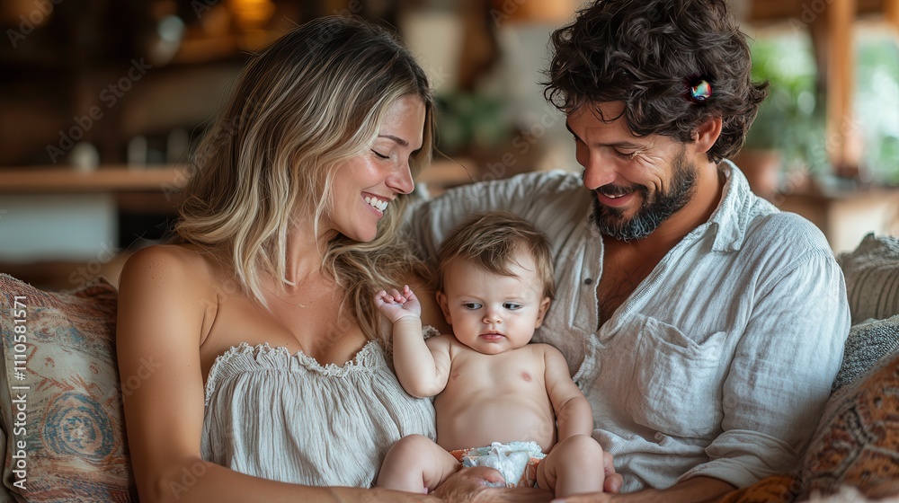 Cherished Family Moment: Loving Parents Enjoying Quality Time with Their Baby in a Cozy, Rustic Living Room Setting Filled with Warmth and Joy Cherished Family Moment: Loving Parents Enjoying Quality Time with Their Baby in a Cozy, Rustic Living Room Setting Filled with Warmth and Joy