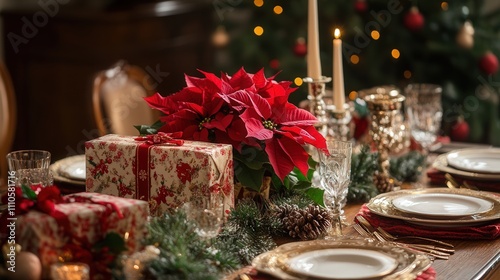 A festive table setup where Christmas presents are arranged alongside fresh poinsettias and pine garlands