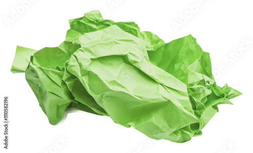 Crumpled green paper lies on a white background, cut out - stock png.