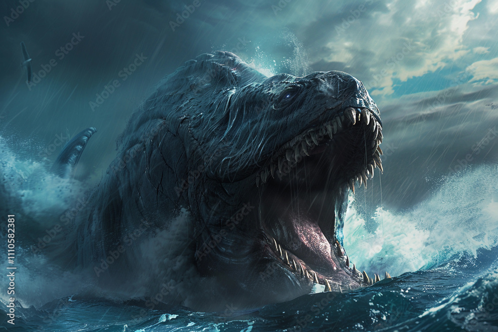 Obraz premium Terrifying scary sea monster in dark depths of deep ocean