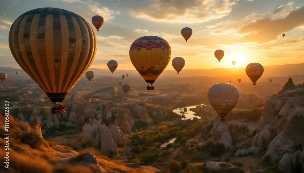 Obraz premium Hot air balloons hovering in the sky on sunrise in Cappadocia, Turkey