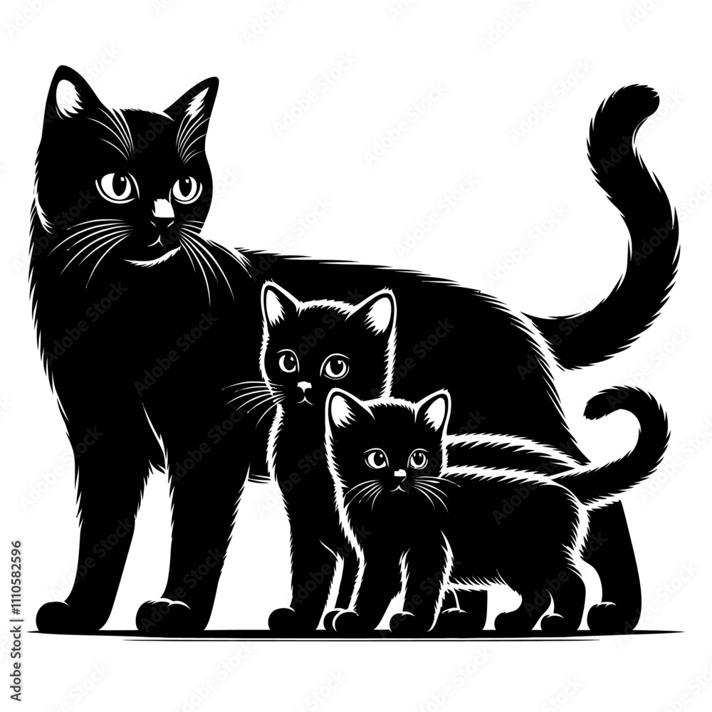 Fototapeta premium Cat with cat family silhouette vector 