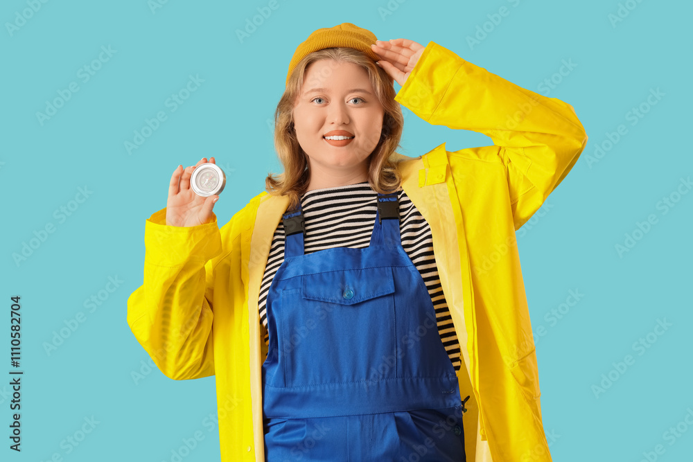 Young female sailor with compass on blue background. Woman in male profession concept Young female sailor with compass on blue background. Woman in male profession concept