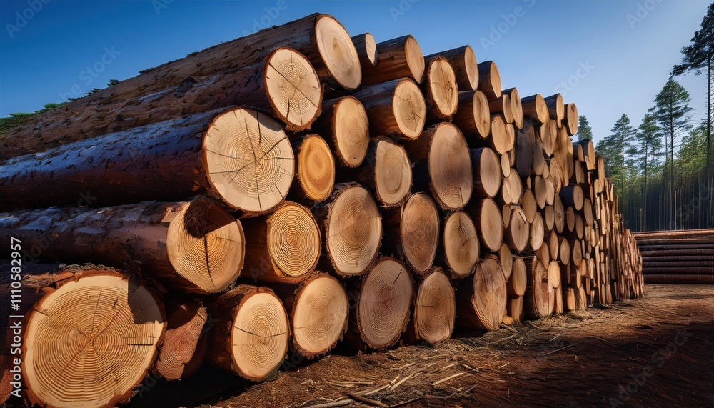 A detailed stack of freshly cut logs arranged in a lumberyard, highlighting their rich brown hues and intricate growth rings under the soft light of a forested backdrop A detailed stack of freshly cut logs arranged in a lumberyard, highlighting their rich brown hues and intricate growth rings under the soft light of a forested backdrop