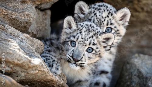 Two snow leopard cubs peek out from rocky terrain, their bright blue eyes full of curiosity and wonder, perfectly blending into their cold mountainous habitat photo