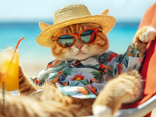 A cat wearing a colorful shirt sunglasses and a hat sitting on a chair at the beach