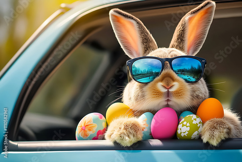 Cute Easter Bunny with sunglasses looking out of a car filed with easter eggs, Generative AI