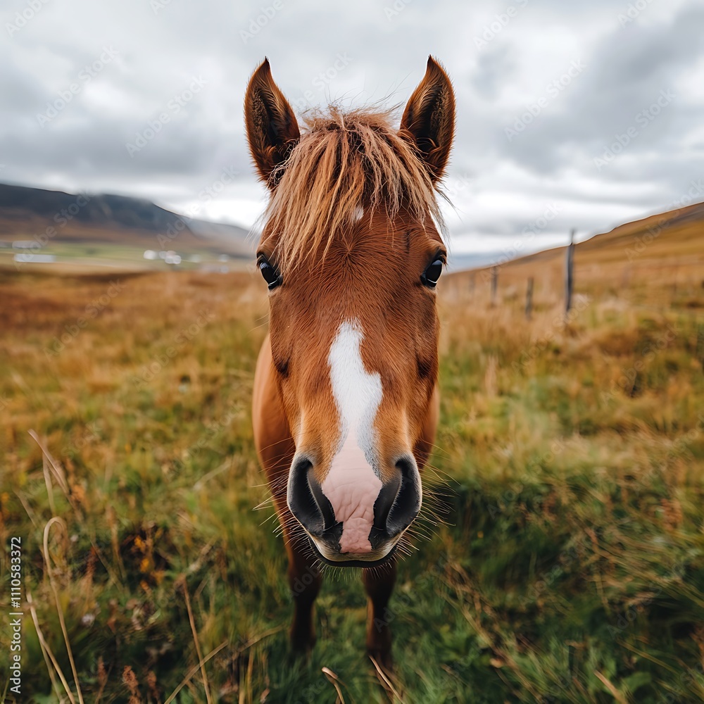 Obraz premium Beautiful Brown Horse in Frontal View in Natural Setting
