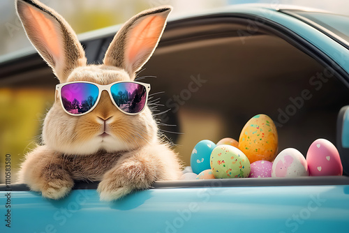 Cute Easter Bunny with sunglasses looking out of a car filed with easter eggs, Generative AI