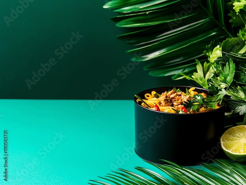 Vietnamese bun bo Hue, spicy beef noodle soup with lemongrass, served with herbs and lime in a traditional setup photo