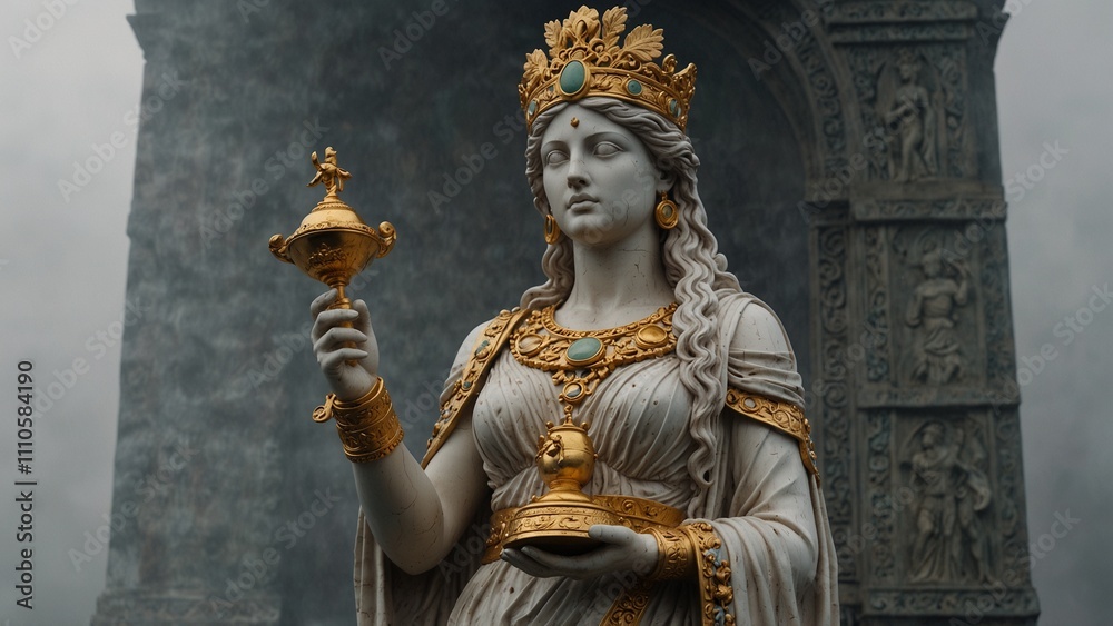 Fototapeta premium Statue of Hera, holding a golden chalice, dressed in ornate garments, set against a misty sky, reliefs of marriage and honesty carved on the base.