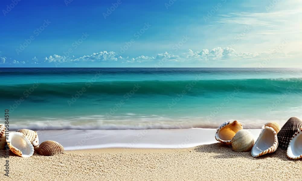 Seashells on sandy beach with gentle ocean waves under clear blue sky Seashells on sandy beach with gentle ocean waves under clear blue sky