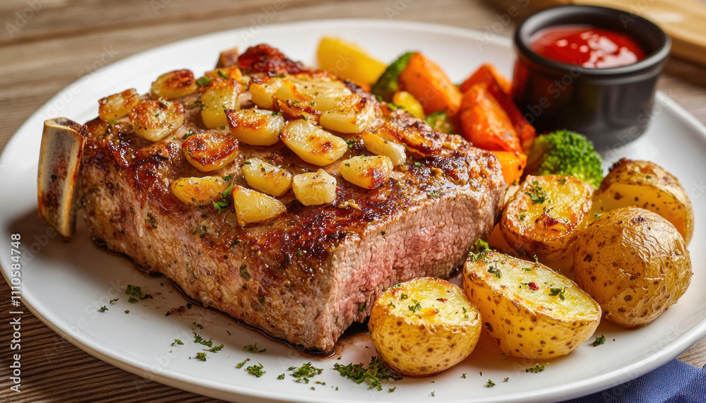 Grilled t bone steak with roasted garlic, potatoes, and vegetables Grilled t bone steak with roasted garlic, potatoes, and vegetables