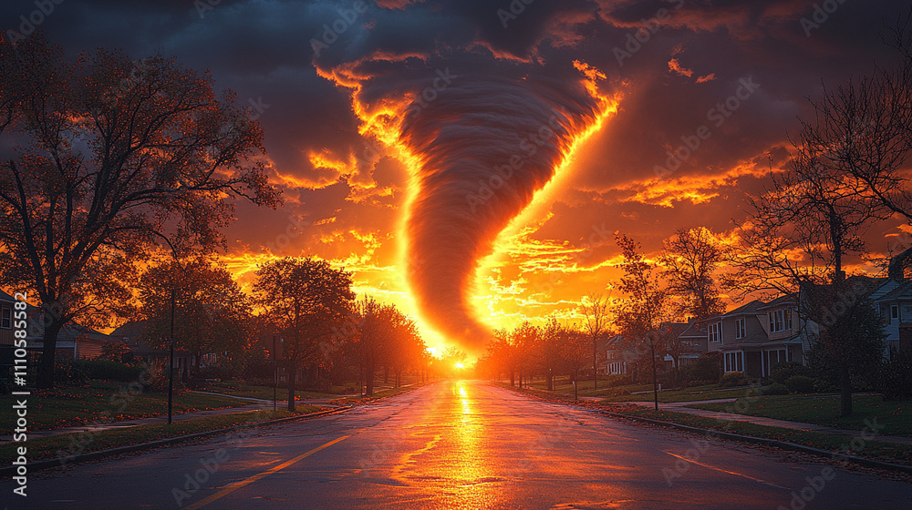 dramatic tornado funnel descends from stormy skies toward a serene landscape, juxtaposing nature’s destructive power with calm beauty, evoking resilience, transformation, and balance