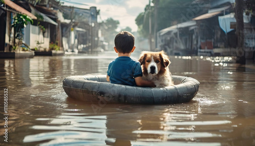 A child and dog float on a tube in a flooded street photo