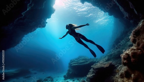 Wallpaper Mural Diver woman explores a deep underwater cave illuminated by natural light Torontodigital.ca