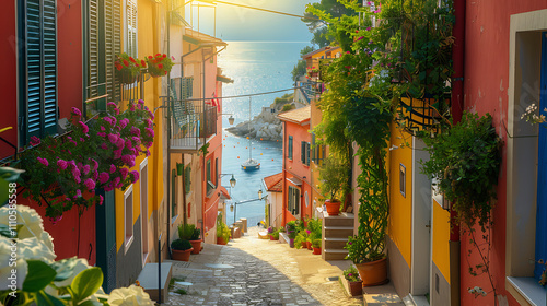 Serene Mediterranean Village with Colorful Houses, Lush Flowers, and Sunlit Pathway Leading to a Tranquil Seascape