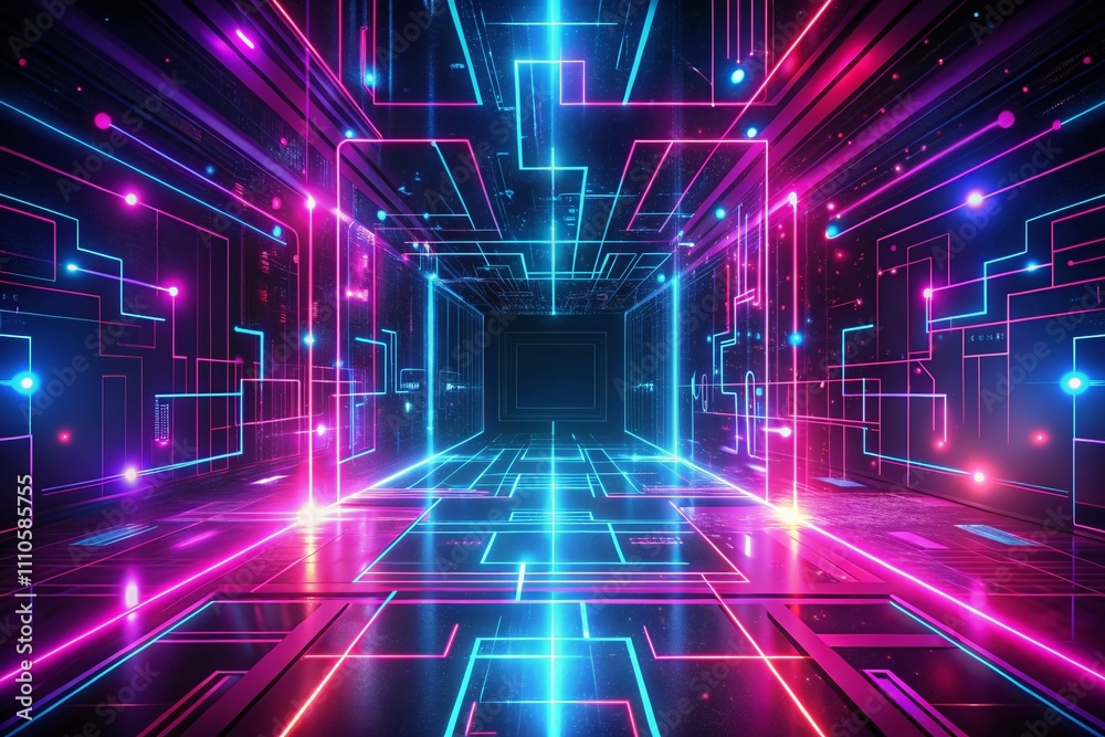 Abstract Animation Loop of Dark Pink and Blue Neon Digital Lines with Shining Lights in a Hi-Tech Background, Perfect for Modern Visuals and Digital Art Projects Abstract Animation Loop of Dark Pink and Blue Neon Digital Lines with Shining Lights in a Hi-Tech Background, Perfect for Modern Visuals and Digital Art Projects