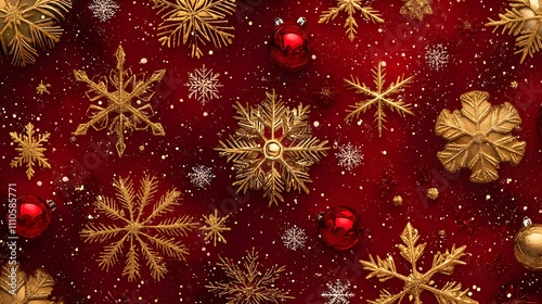 Sparkling Winter Wonderland: A festive backdrop of golden snowflakes and red baubles creates a magical and elegant winter scene.  Perfect for holiday cards, invitations, and social media posts. 