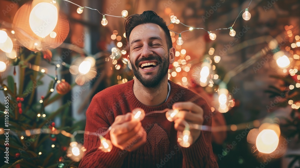 A man in a simple red sweater and jeans, holding a string of Christmas lights and laughing as he decorates his home. A man in a simple red sweater and jeans, holding a string of Christmas lights and laughing as he decorates his home.