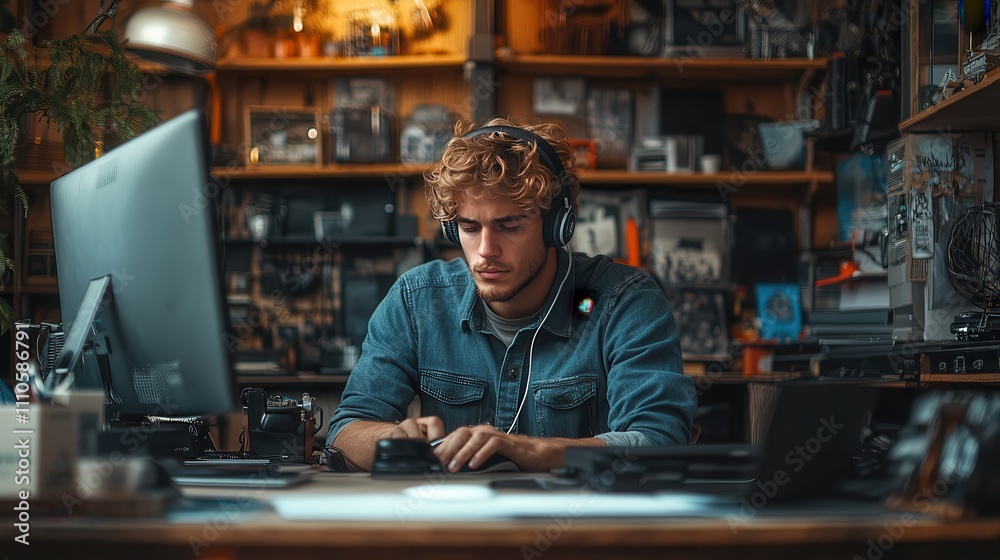 Young Man with Curly Hair Working in a Creative Studio, Wearing Headphones, Focusing on Digital Device, Surrounded by Artistic Decor and Unique Items Young Man with Curly Hair Working in a Creative Studio, Wearing Headphones, Focusing on Digital Device, Surrounded by Artistic Decor and Unique Items