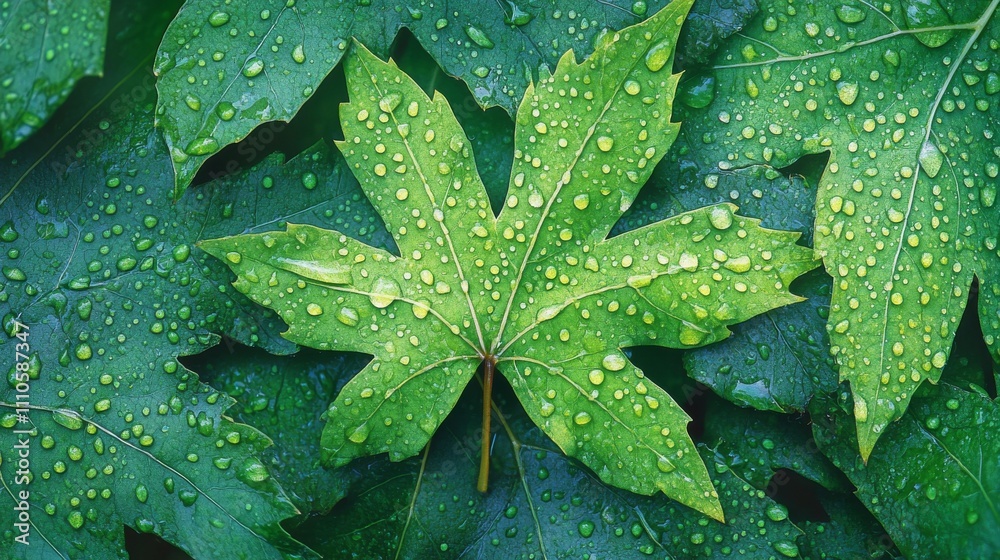 Fototapeta premium Green Leaf Covered in Dew Drops Among Others