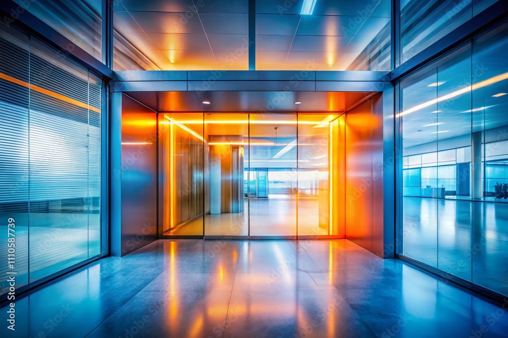 Abstract Blur of Modern Office Interior Entrance with Pale Blue Background and Orange Light Effects, Capturing a Contemporary Atmosphere in Interior Design Abstract Blur of Modern Office Interior Entrance with Pale Blue Background and Orange Light Effects, Capturing a Contemporary Atmosphere in Interior Design