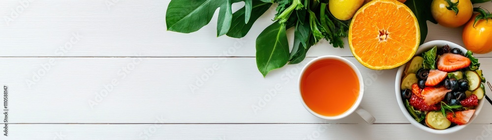 A refreshing assortment of vibrant fruits and a cup of juice for a healthy breakfast. A refreshing assortment of vibrant fruits and a cup of juice for a healthy breakfast.