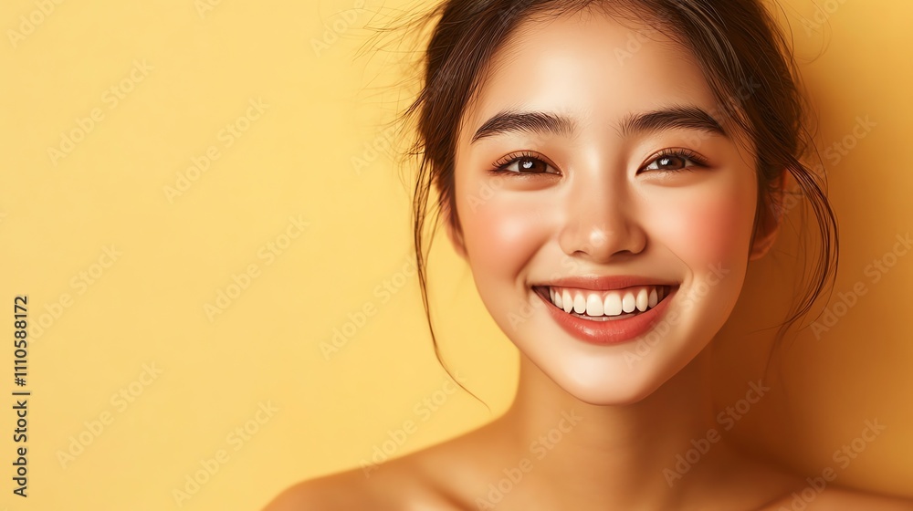 A beautiful young woman smiling brightly with her hair pulled back in a bun. A beautiful young woman smiling brightly with her hair pulled back in a bun.