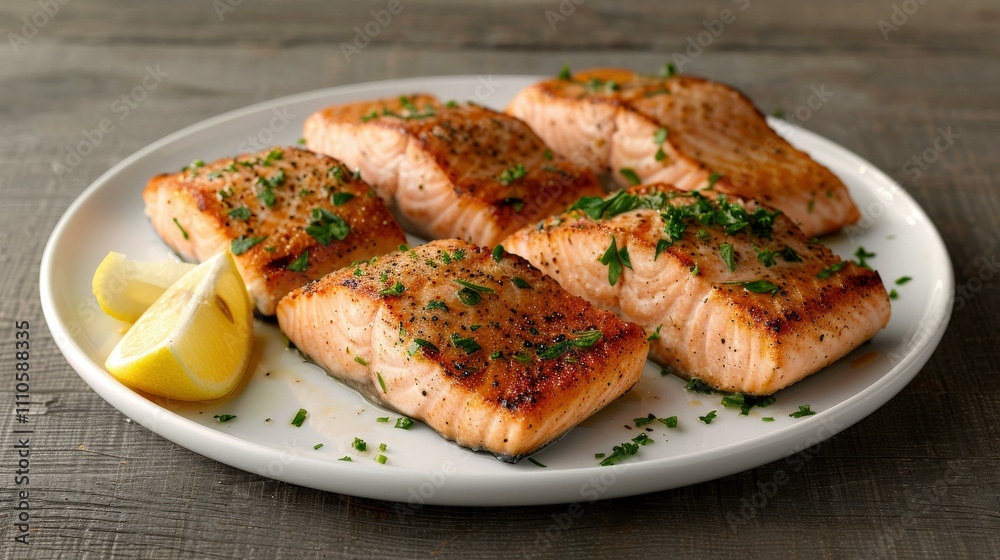 Grilled Salmon Fillets with lemon wedges in Coastal outdoor BBQ with fresh seafood, Meat photography Grilled Salmon Fillets with lemon wedges in Coastal outdoor BBQ with fresh seafood, Meat photography
