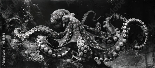 Striking monochrome image of an octopus with its tentacles swirling in the dark ocean depths  The mysterious creature s silhouette is captured in a dramatic photo