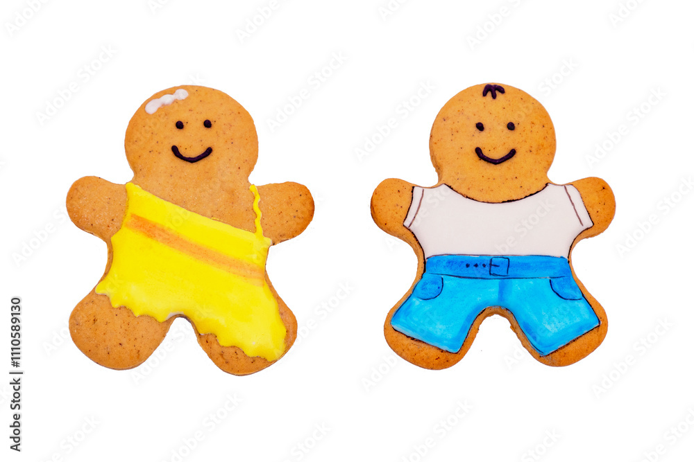 Top view group of children boy and girl, family of gingerbread men isolated on white background. Ginger cookies. Food concept. Family day.