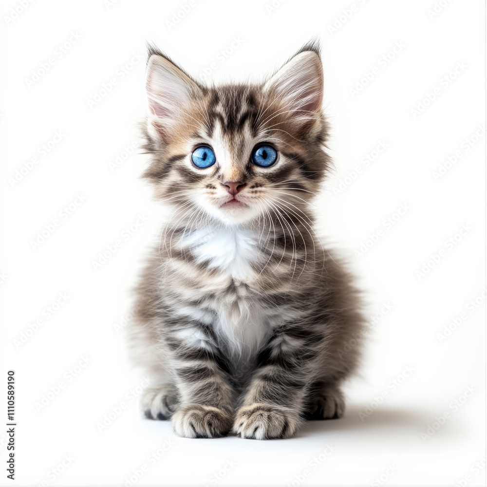 A fluffy grey kitten with blue eyes sitting gracefully on a white background, looking curious and playful A fluffy grey kitten with blue eyes sitting gracefully on a white background, looking curious and playful