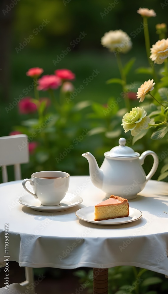 Elegant Garden Tea Setting with Cake Amid Blooming Spring Flowers Elegant Garden Tea Setting with Cake Amid Blooming Spring Flowers
