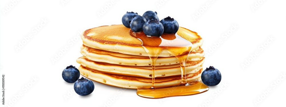 A stack of fluffy buttermilk pancakes with golden maple syrup and fresh blueberries, isolated white background, hyperrealism art style A stack of fluffy buttermilk pancakes with golden maple syrup and fresh blueberries, isolated white background, hyperrealism art style